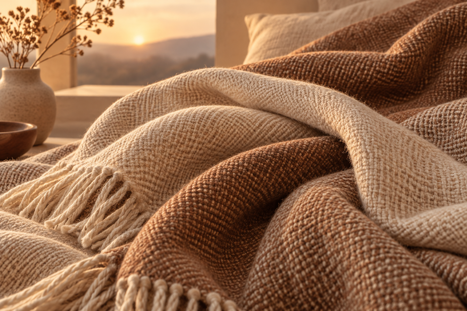 soft oat and cinnamon woven fabric folds filling frame, warm evening light and gentle shadows, cosy editorial abstract